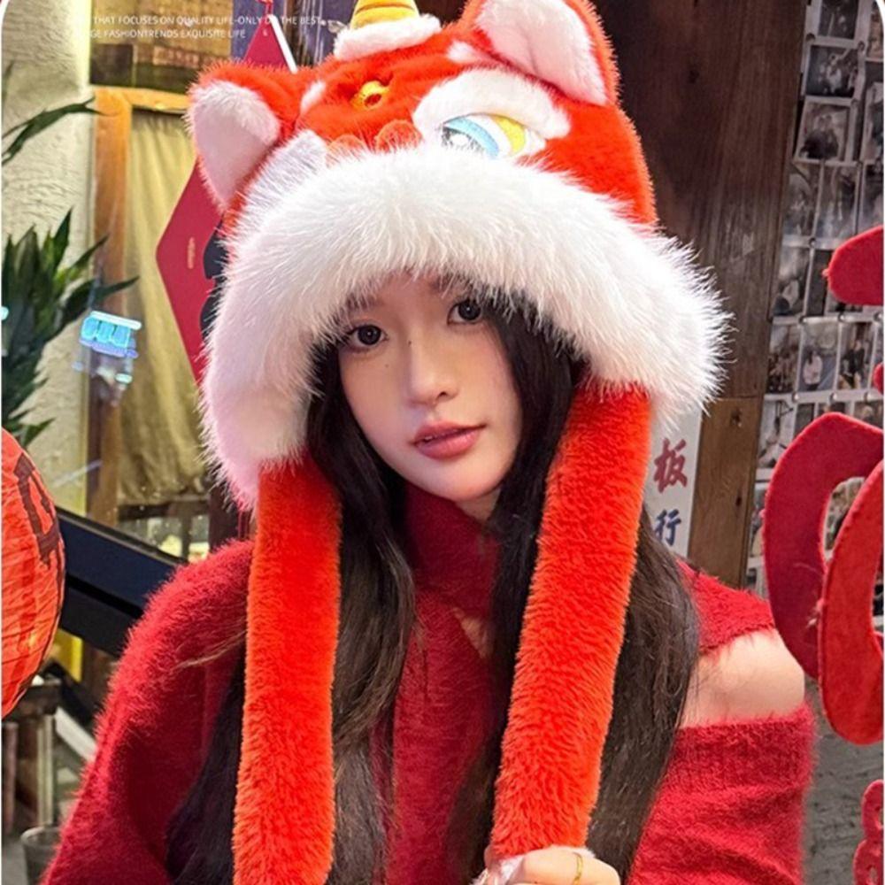 Ear Muffs New Year Red Cap Thickened Plush Beanies Fashion Winter Warm Hat  Female/Girls
