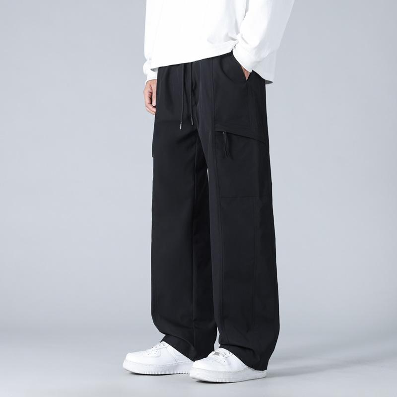 Men Cargo Drawstring Casual Pants Loose Wide Leg Elastic Waist Lightweight Outdoor Street Trousers