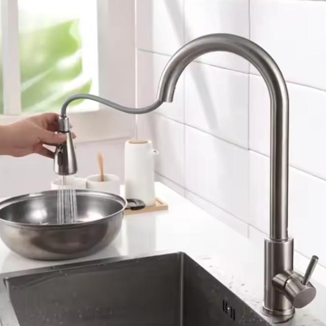 Modern Single-hole Single-handle 304 Stainless Steel Pull-down Kitchen Faucet Ceramic Valve Core
