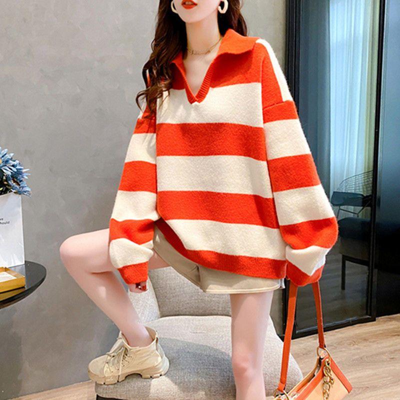 New Autumn and Winter Retro Lazy Minimalist V-neck Stripe Color Matching Loose Casual Oversized Thickened Women's Sweater