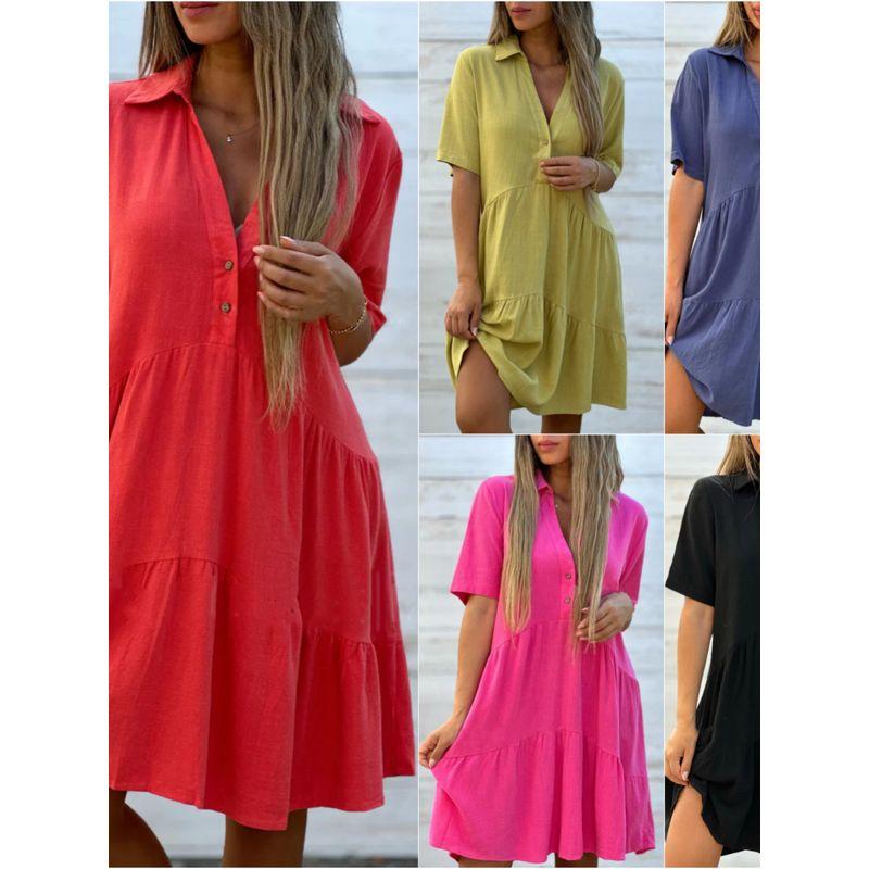 Loose Solid Color Lapel Casual Dress Loose Solid Color Polo Collar Casual Dress