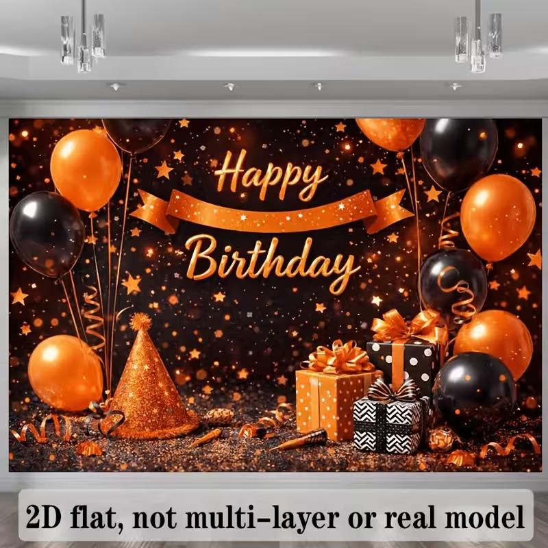 

2D Orange Black Glitter Birthday Backdrop Balloon Party Hat Photo Booth Background Banner 47.2x31.5inch/120*80cm