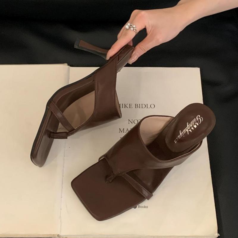 

Elegant Thin High Flip Flops Women 2025 Summer Sexy Square Toe Slide Sandals Fashion Brand Designer Mule Pumps zapatos de mujer 40 светло-коричневого