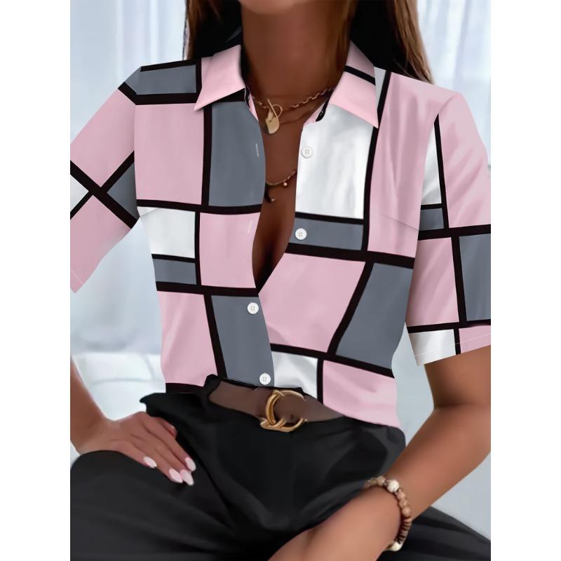 Camicia da Donna Geometrica Stampata in 3D in Poliestere a Manica Lunga Versatile per Primavera e Autunno Moda Quotidiana Camicia con Bavero