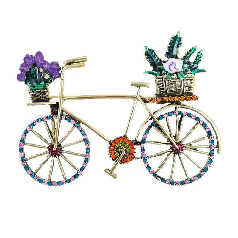 Creatieve Fiets Broche voor Dames Heren Mode Strass Bloemenmand Broches Spelden Sieraden Accessoires Feest Cadeaus 2025