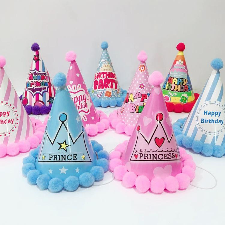 Children'S Birthday Party Hat Prince Princess Crown Happy Birthday Pompom Hat Birthday Hat Customized