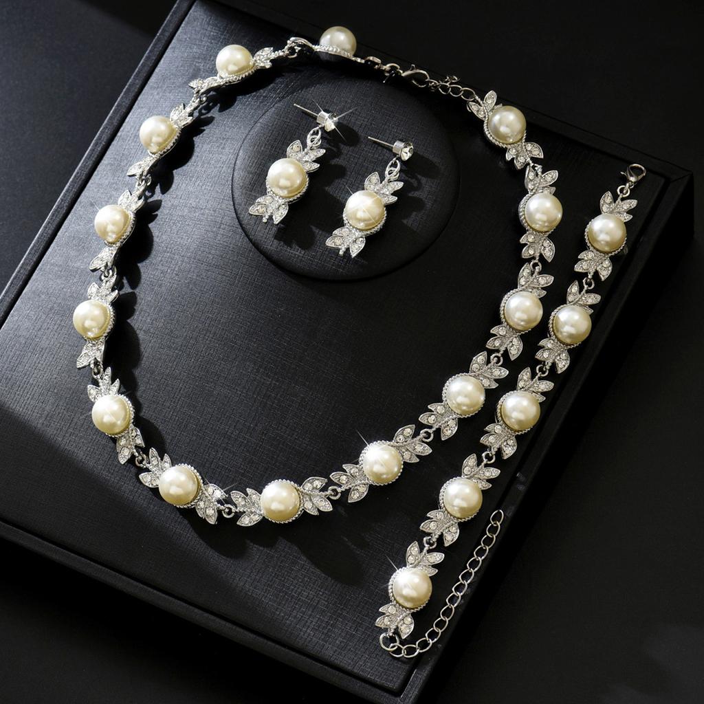 Accessories Vintage Pearl Necklace Earrings Bracelet Set, Bridal Accessories