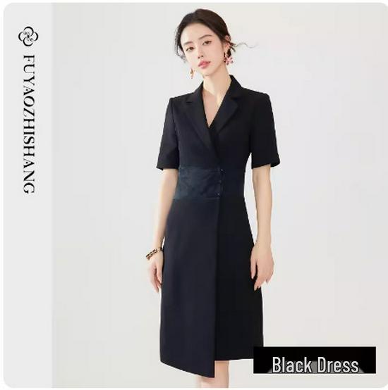 Summer Asymmetrical Color Block Chinese Style Dress - Women's Professional Short Sleeve Workwear