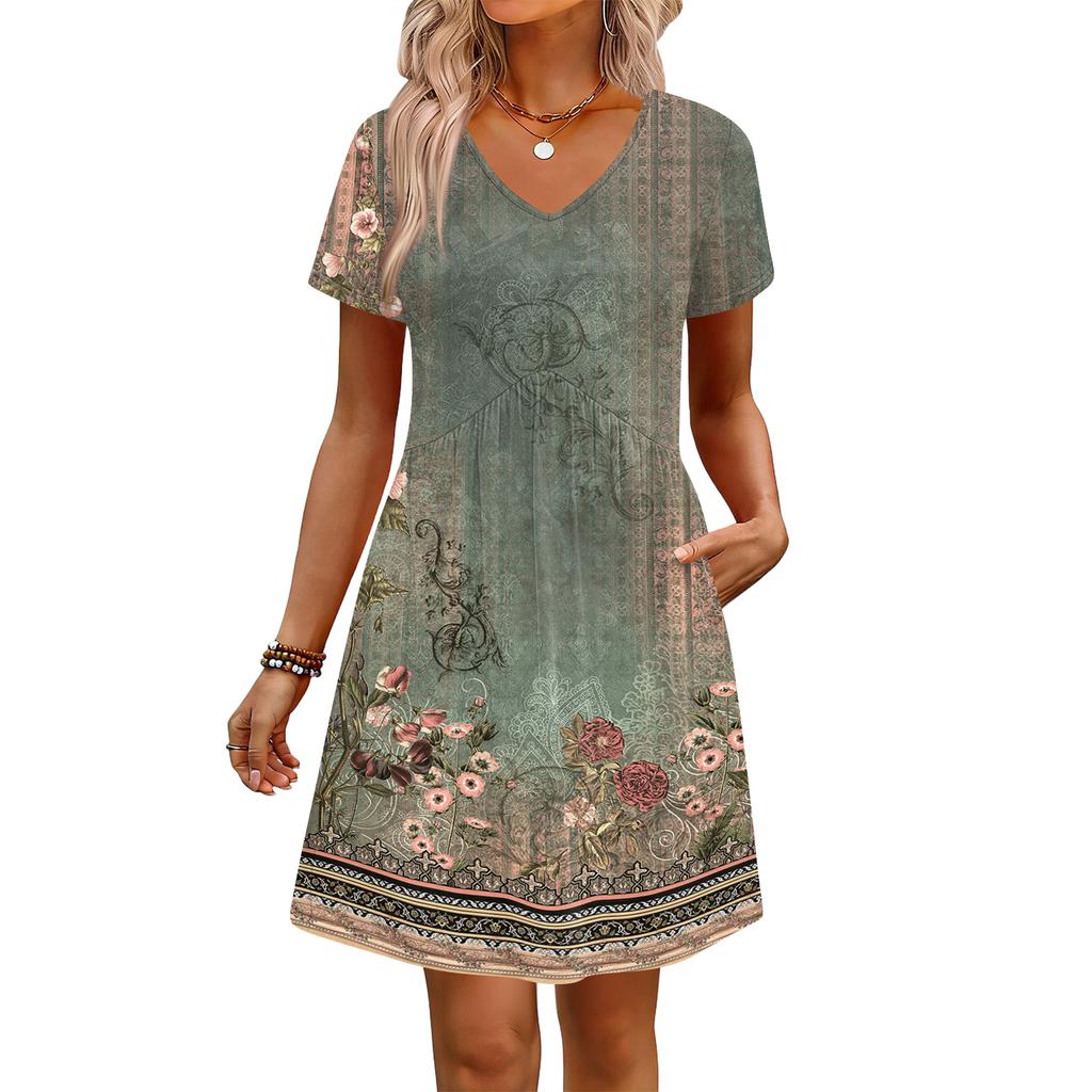 Modisches Damenkleid mit Print, V-Ausschnitt, kurzärmelig, locker, lässig, für den Strandurlaub