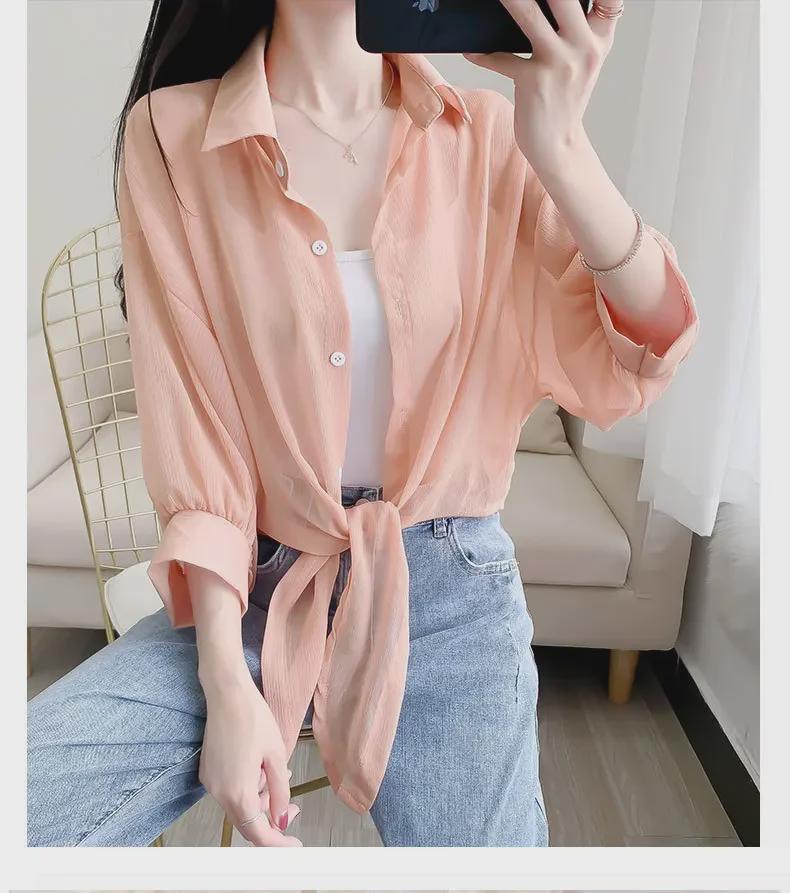 Chiffon Transparent Tulle Sunscreen Shirt - Women's Summer Shawl Tie-Up Short Casual Top