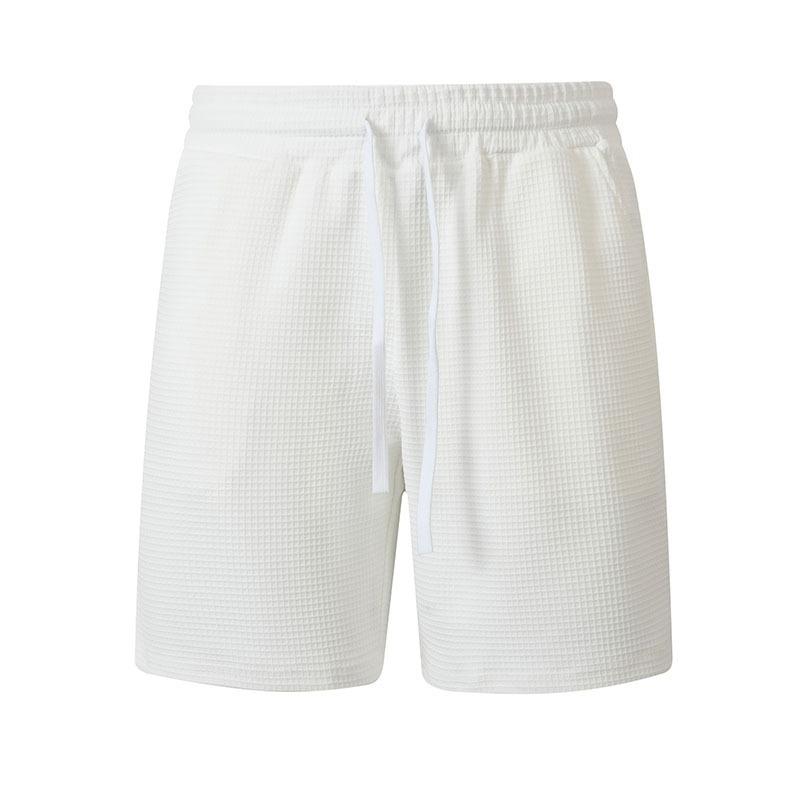 Mens Solid Color Waffle Drawstring Pockets Casual Straight Summer Shorts
