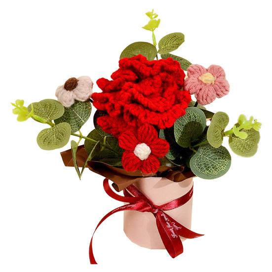 Crochet Flower Bouquet Handmade Artificial Knitted Bouquet Fake Sunflower Carnation Tulip Puff Flowers Gifts for Mother Wife On Birthday Anniversary