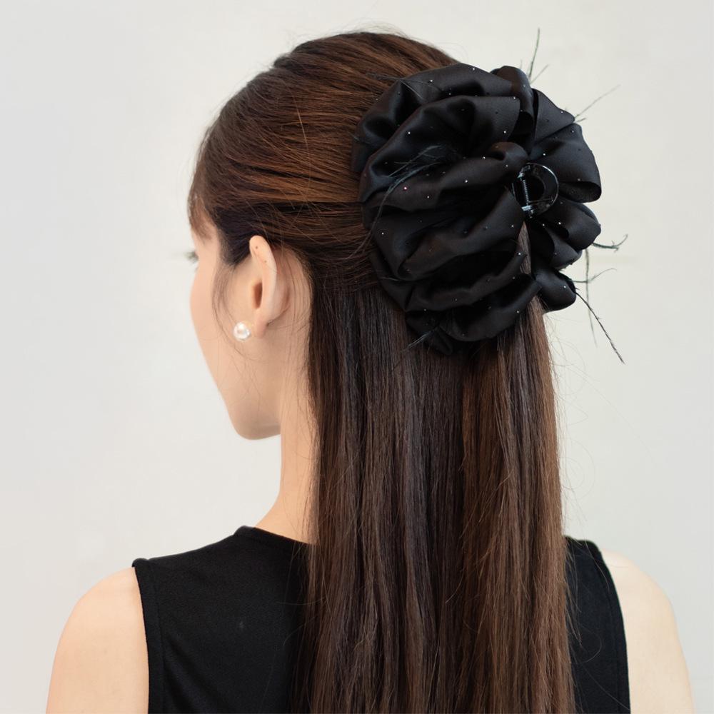 Luxury Black Satin Feather Bubble Claw Clip for Women - Diamond Accent Hair Accessory
