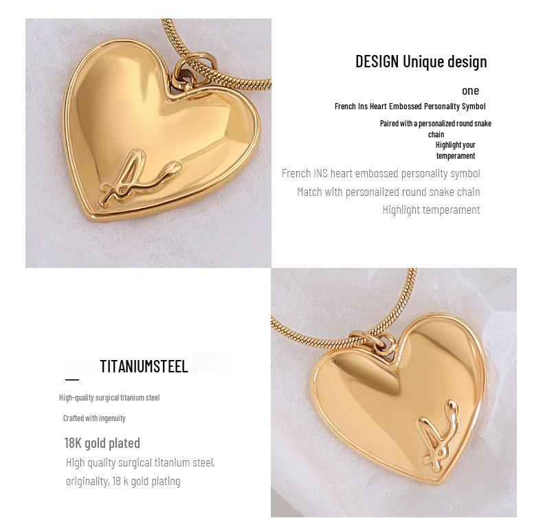 French-Style Peach Love Heart Pendant Necklace, 18K Gold Titanium Steel Clavicle Chain