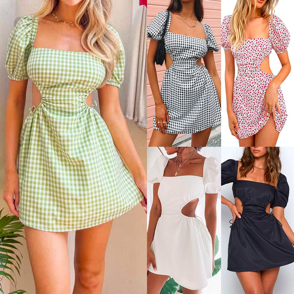 

Женщины с коротким рукавом Квадратный вырез Платье Slim Fit Клетчатая клубная одежда Сарафан