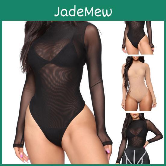 Sleeve Seethrough Bodysuit Women Long Mesh Skinny Slim Fit Elastic Solid Color Soft Breathable Halfhigh Collar Thin Chemise Female Playsuit