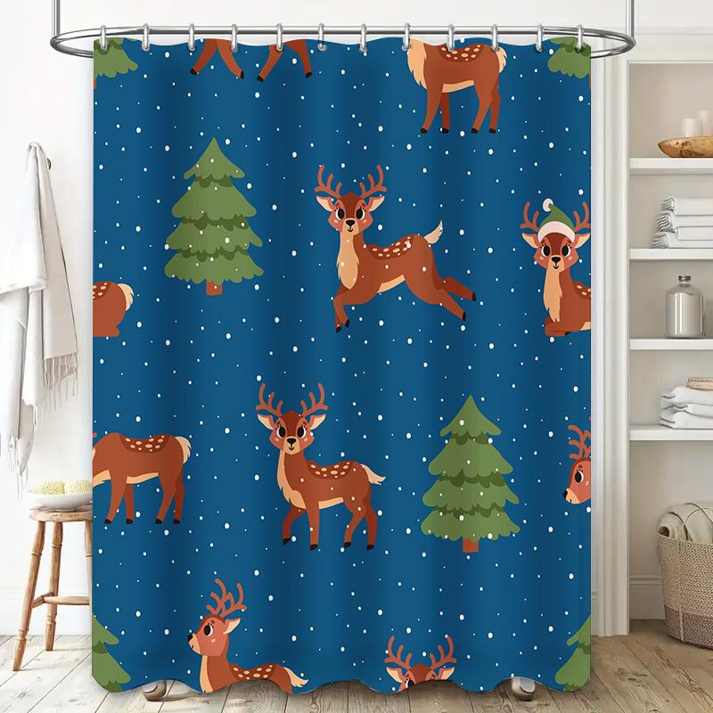 Christmas Tree Deer Print Shower Curtain Waterproof Bathroom Decor Blue Green Red Colorful Christmas Festive Christmas Decoratio