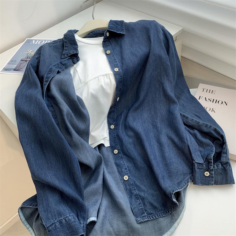 Women's Dark Blue Tencel Denim Shirt Jacket - Soft, Loose, Mid-Length for Autumn