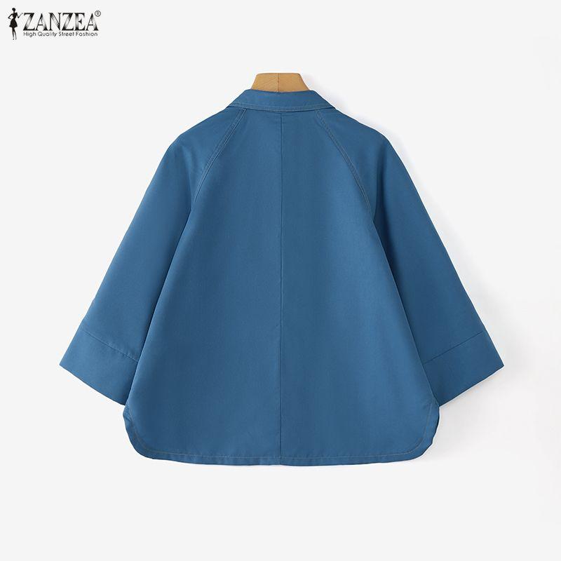 ZANZEA Women Casual Turn Down Collar Loose 3/4 Sleeve Plain Blouse