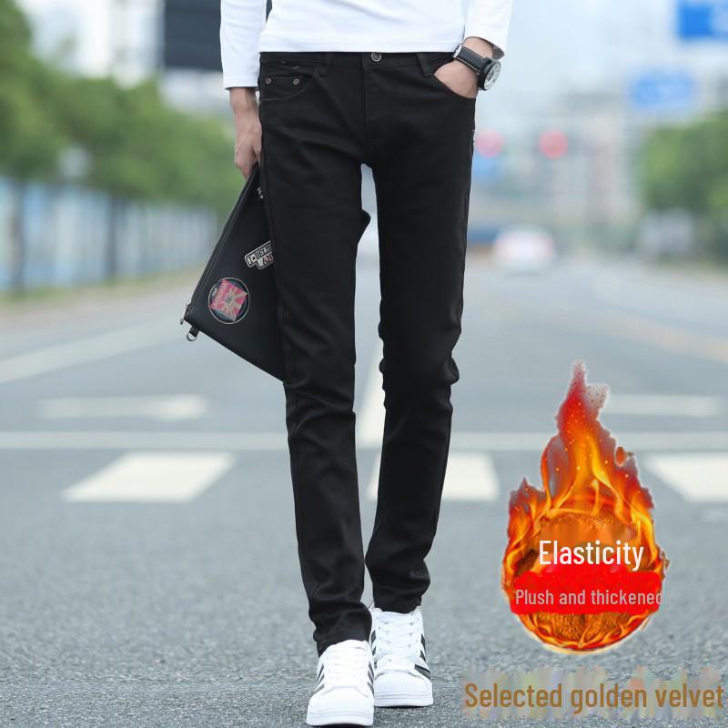 Men's Slim Fit Korean Style Velvet Lined Skinny Jeans for Fall