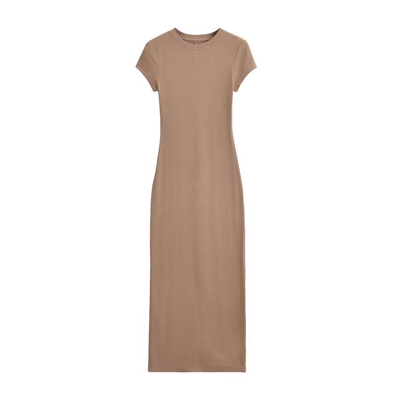 Sleek Back Slit Short Sleeve Round Neck Bodycon Dress - Women's Pure Desire Style