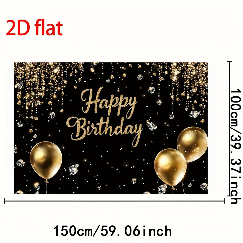 2D Flat 1 Luxurious Black Gold Happy Birthday Banner -2D Flat Polyester Fiber Photography Background