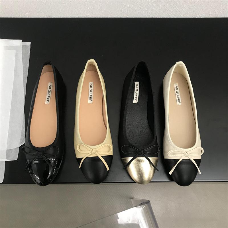 Mode Damen Leder Ballerinas Modische Runde Zehenpartie Lässige Ballerinas Schleife Ballettschuh Weicher Mokassin mit Beigen Lolita Mary Janes Schuhen