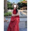 New Chinese Retro National Style Jacquard Red Neck Dress Women's Summer Seaside Vacation Temperament Big Pendulum Long Skirt