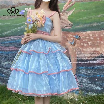 Lolita Guardian Sweetheart Bow Cake šaty Sweet JK Suspender Potlač sieťovina Puffy Princess Dress Woman