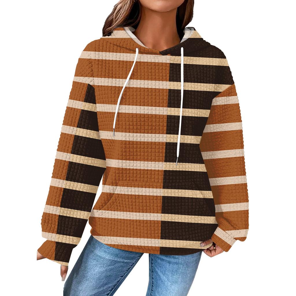 Women's Fashion Loose Hooded Pullover Long Sleeve Plaid Sweatshirt with Drawstring Drop Shoulder and Pocket Print Top