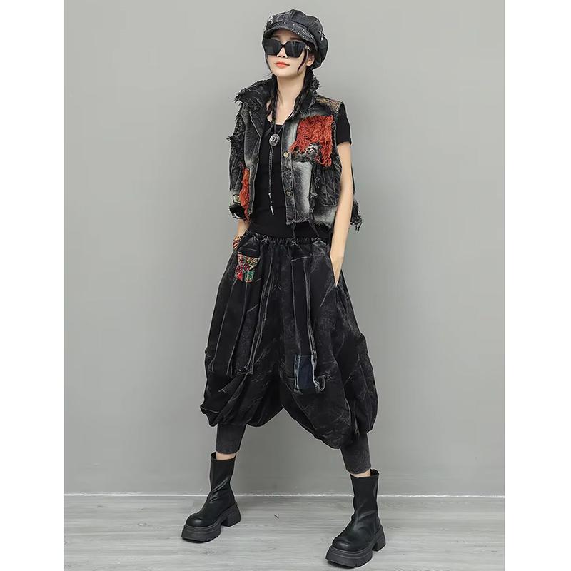 XITAO Personalized Trendy Vintage Denim Sets Short Vest Small Leg Lantern Pants GJ1215