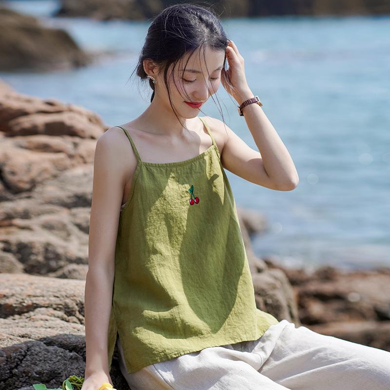 

Johnature женские винтажные майки с вышивкой, льняная одежда, летние повседневные майки L зелёный