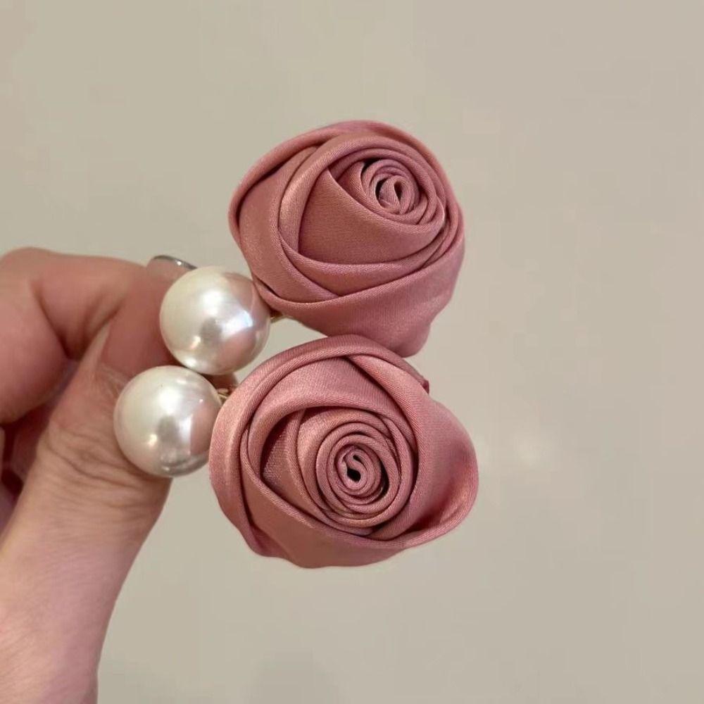 Flower Rose Hair Clips Korean Style Pearl Barrettes Elegant Silk Satin Hairpin  Women