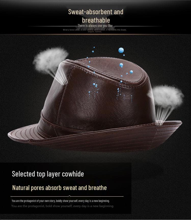 Herren Fedora Hut aus echtem Rindsleder, Herbst/Winter, Britischer Gentleman-Stil für mittlere und ältere Jahre