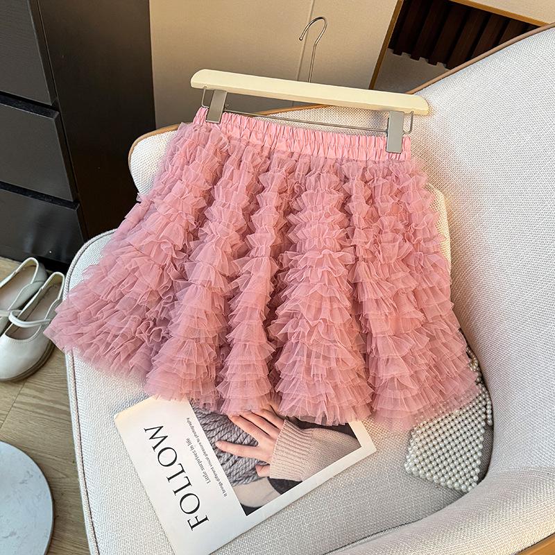 Korean Ballet-Inspired High-Waisted Ruffled Mesh A-Line Layered Skirt for Women, Autumn 2025