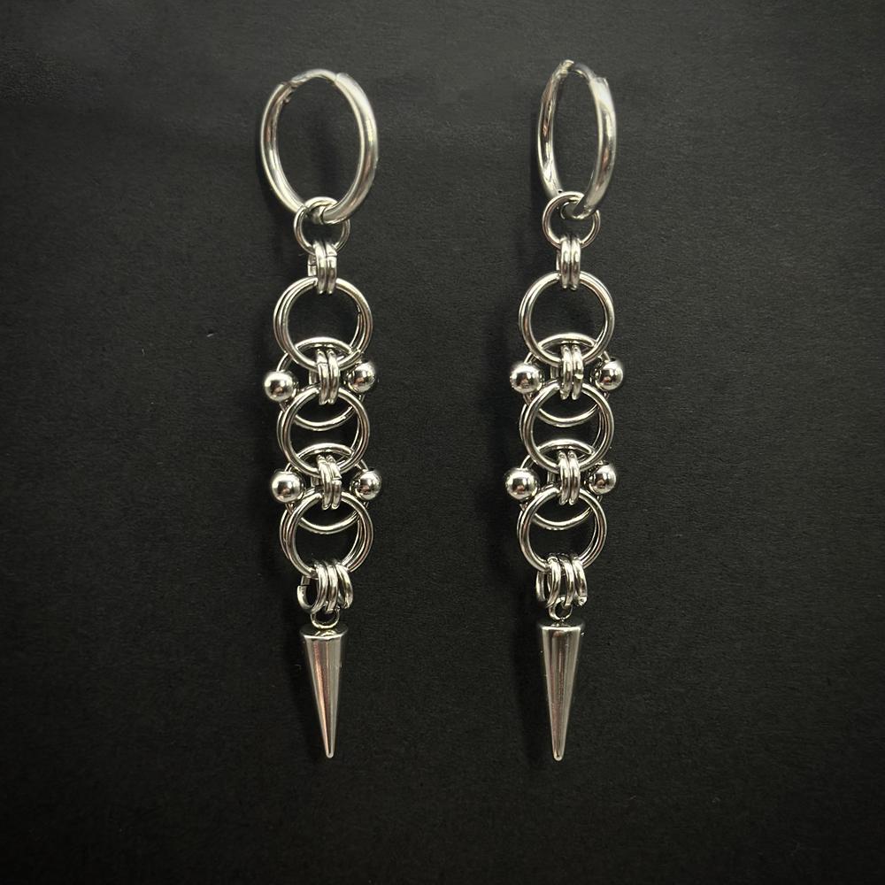 Gothic Punk Handmade Stainless Stell Spike Hoop Earrings for Women Grunge Byzantine Chainmail Chain Dangle Earrings