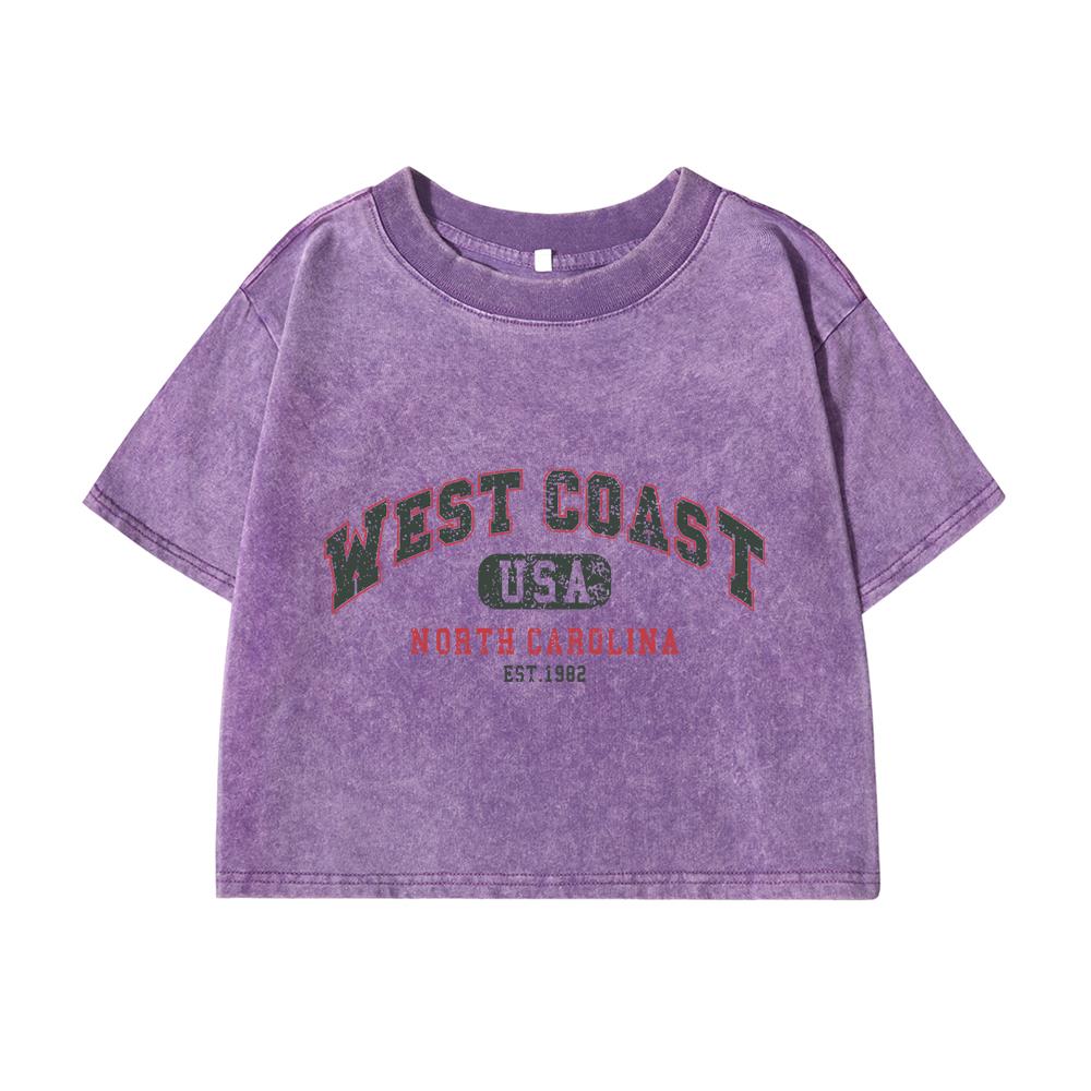 Womans Cotton Crop Distressed Washed T-Shirts West Coast Usa North Carolina Prints Short Sleeve Street Clothes