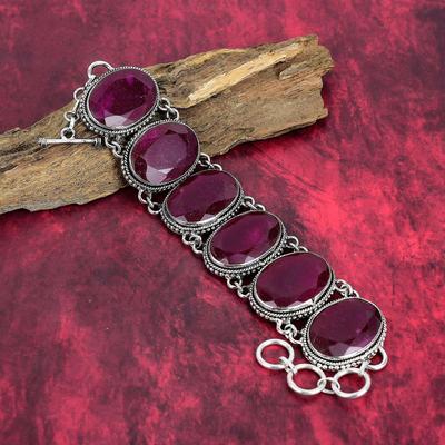 Kashmiri Red Ruby Gemstone Jewelry, 935 Solid Sterling Silver Bracelet, Handmade Beautiful Ruby Bracelet, Adjustable With Chain Bracelet For Love