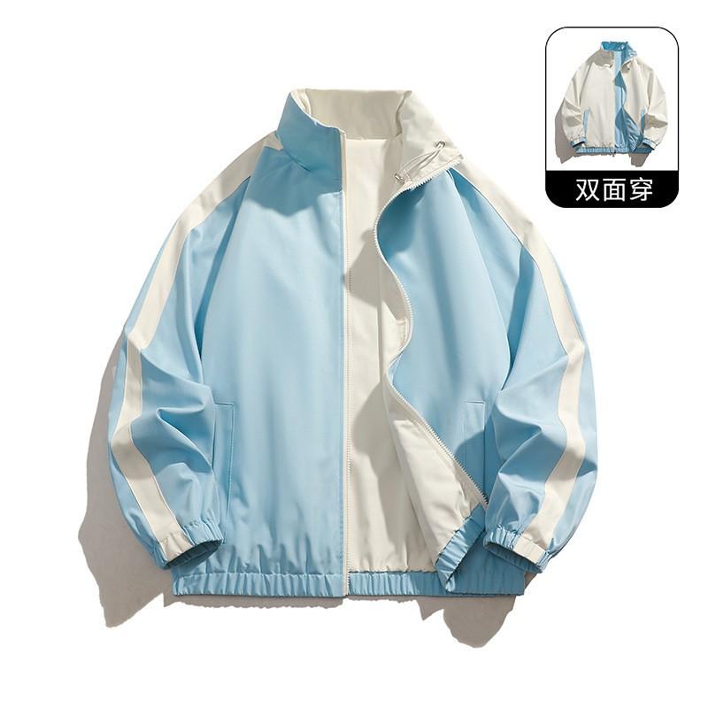 Mens Reversible Stand Collar Jacket Lightweight Outerwear With Stripe Solid Sides