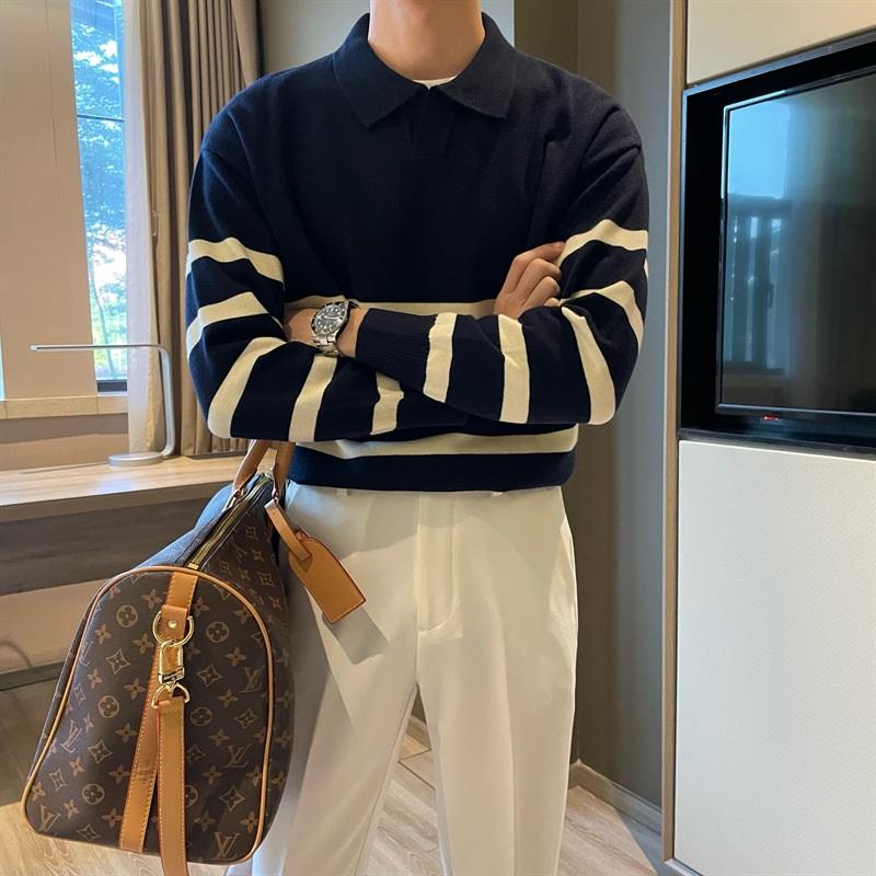 Striped Polo Collar Knitted Sweater For Men's Autumn And Winter Loose Casual Sweater Business Commuting Top