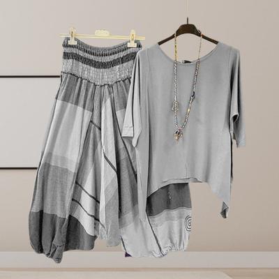 1 Set T-shirt Pants Plaid Pattern Elastic Waistband Summer Irregular Hem Blouse Wide Leg Trousers Streetwear