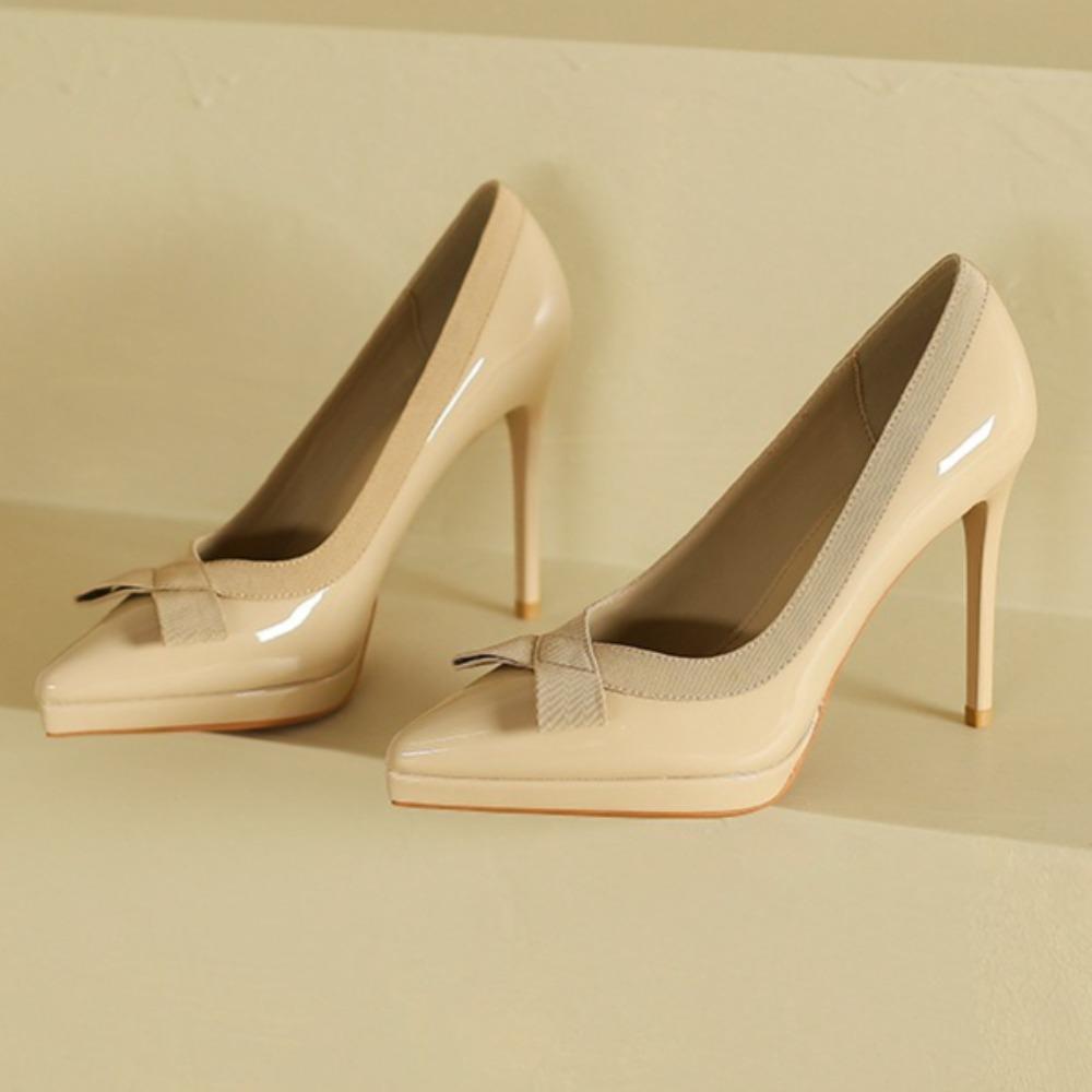 Fashion Pointed Stiletto High Heels Women's Shallow Mouth Bow High Heels Single Shoes Waterproof Table Patent Leather Women's Shoes