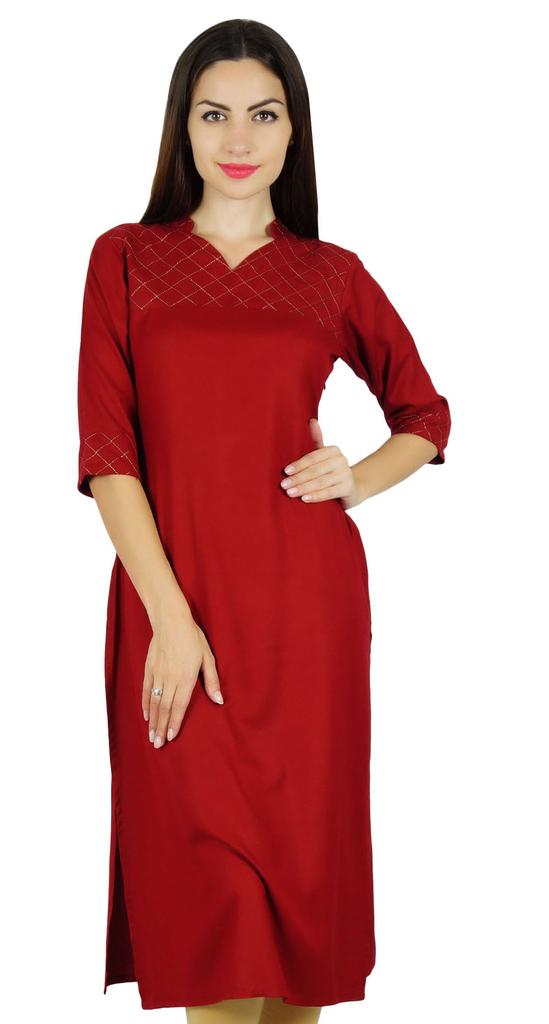 Bimba Women Red Cotton Kurta Kurti Solid Tunic 3 4 Sleeve Indian Chic Regular Custom