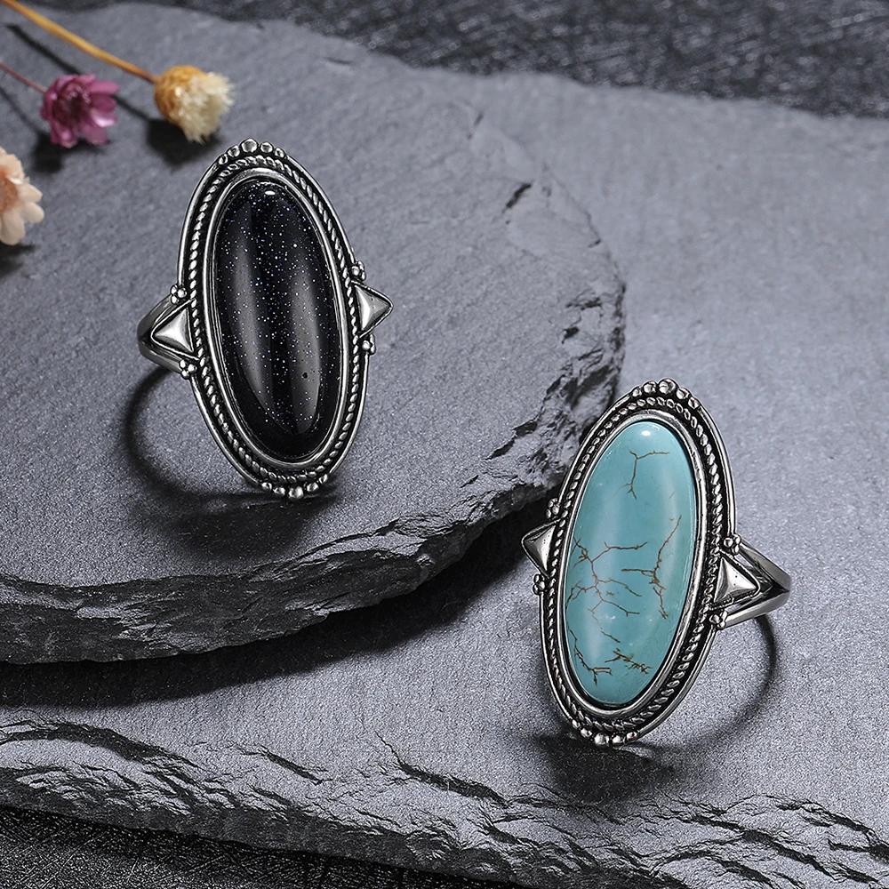 Rings for Women CopperFine Jewelry Vintage 11*25 Big Blue Aventurine Turquoise Hollow Out Elegant Finger Ring Gift