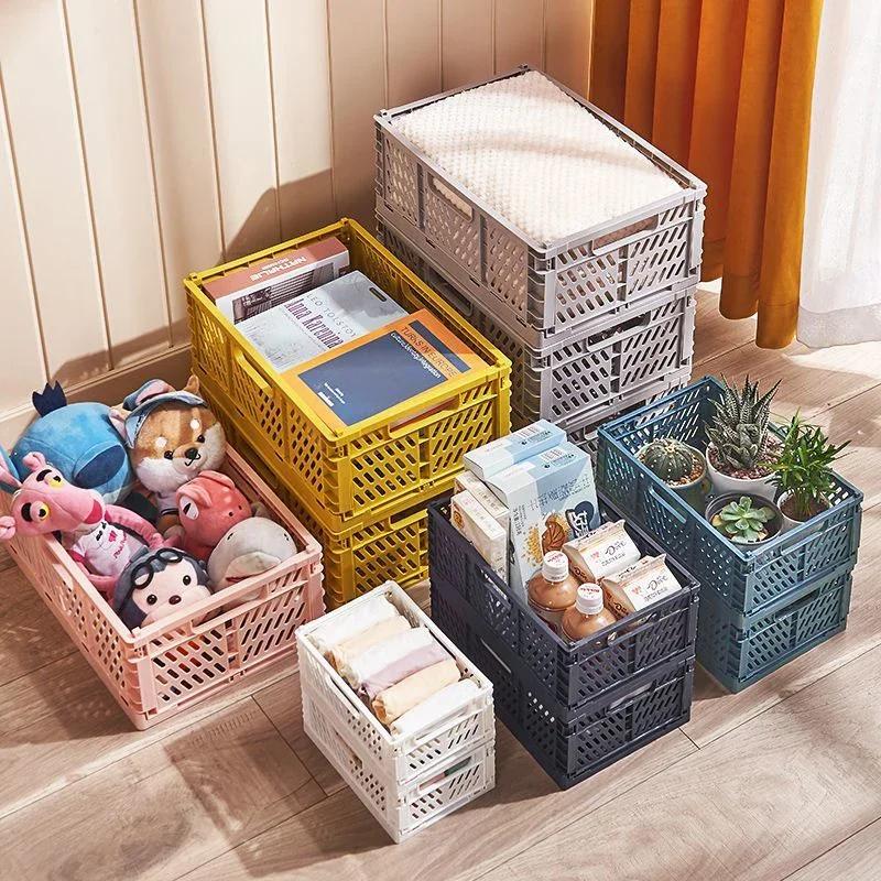 Household Plastic Foldable Storage Basket Student Desktop Collapsible Crate Sundries Organizer Stackable Drawer Container Box