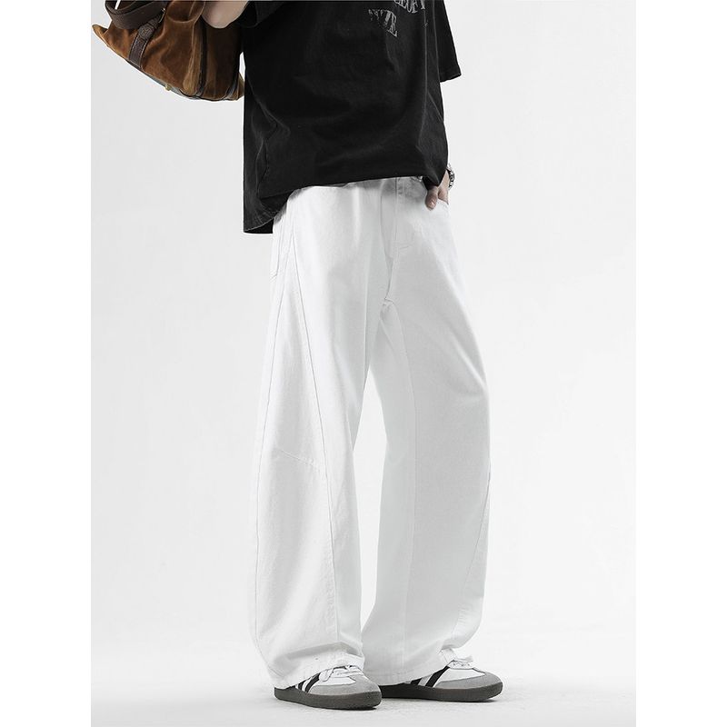 Wassup High-End Curved Knife-Cut Workwear Casual Pants for Men, Three-Dimensional Tailoring, Trendy White High-Street Wide-Leg Jeans for Boys