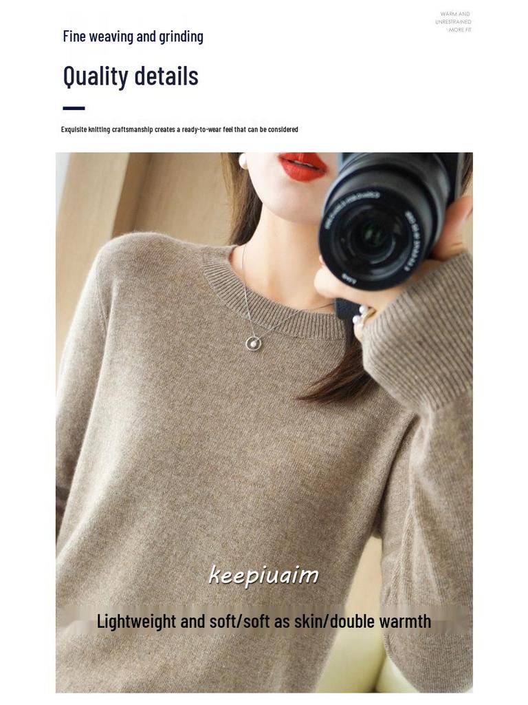 Dámský podzimní pletený svetr - Kulatý výstřih, Dlouhý rukáv, Jednobarevný, Všestranný volný střih