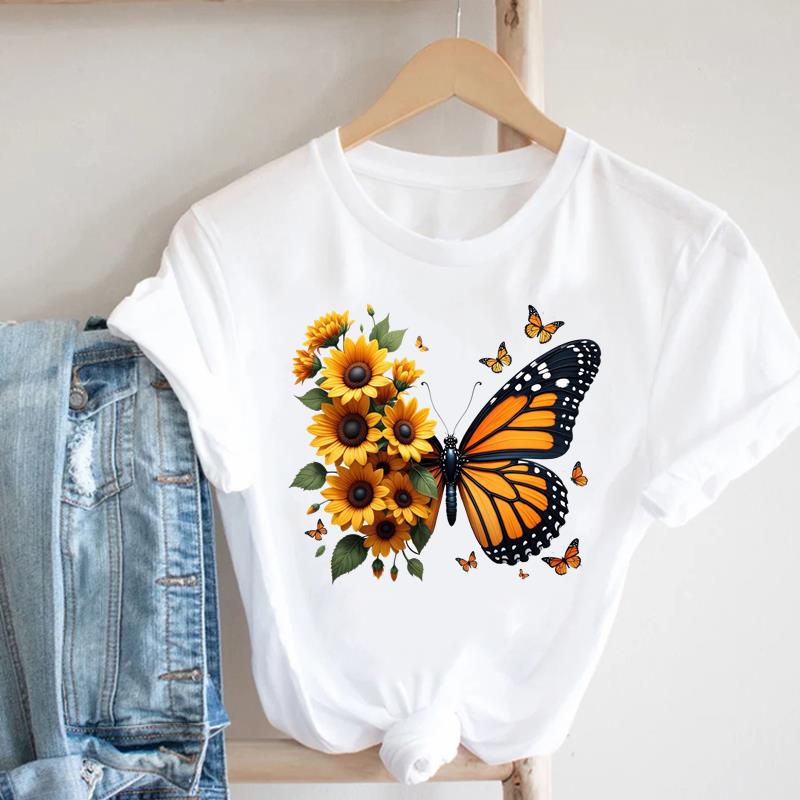 (Asian Size) T Shirt Fashion Women sweet watercolor butterfly trend Clothing Casual Top Short Sleeve Tee Print Lady Female Graphic T-shirts