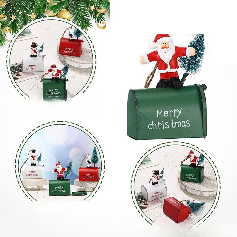 Vintage Iron Metal Christmas Tree Hanging Ornament with Santa Claus Snowman and Reindeer Mailbox Design Festive Holiday Decor