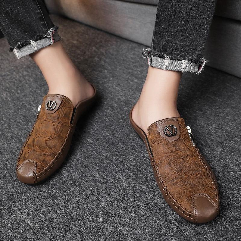 Men's Summer Breathable Closed-Toe Slip-On Lazy Soft Sole Casual Leather Penny Loafer Half-Slippers